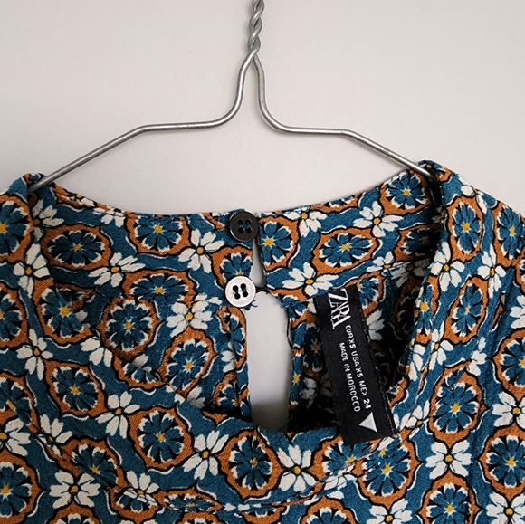 Zara Longsleeve Blouse Shirt Blue Tan Pattern - Picture 4 of 10
